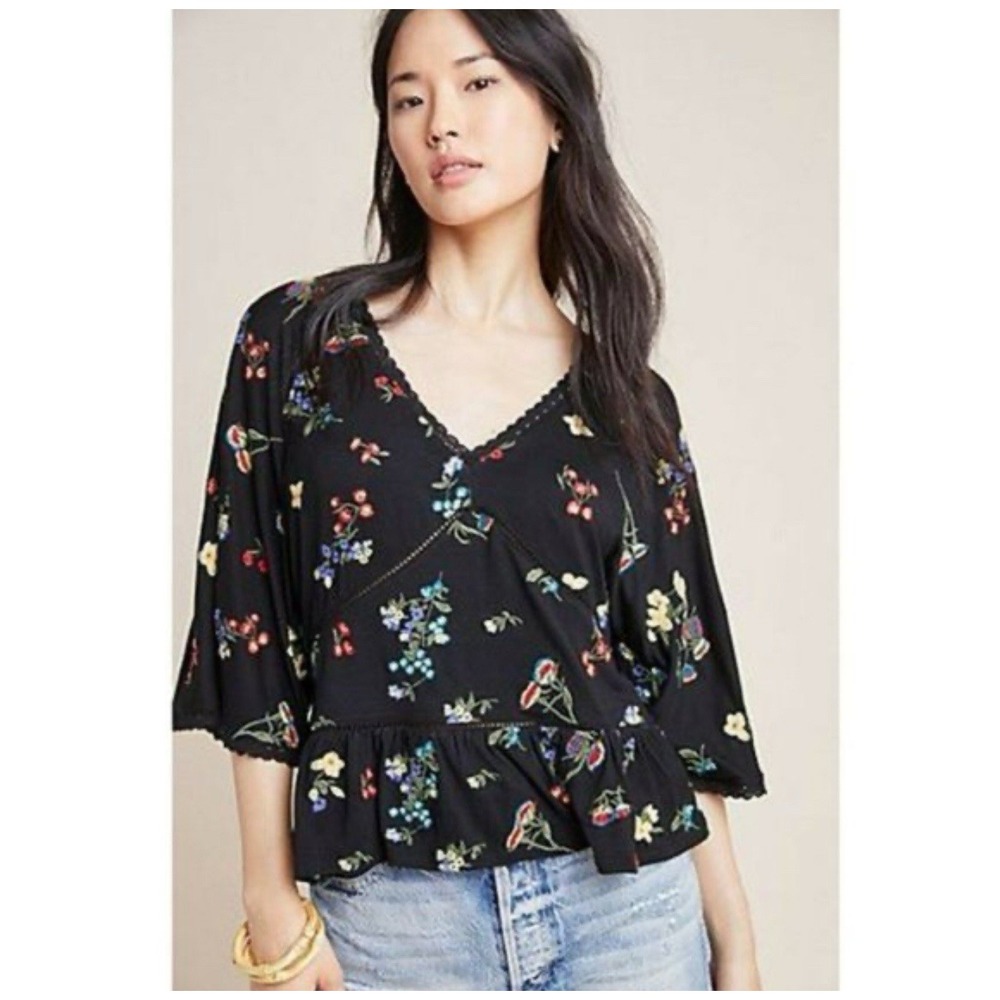 Anthropologie Floral Flutter Sleeve Blouse Black Knit Embroidered Crochet Trim S